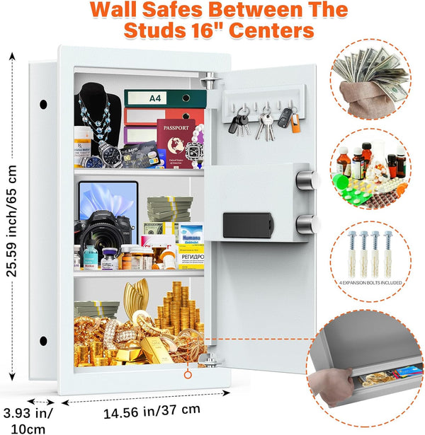 Fireproof Wall Safe Built for Secure Storage, Digital Combination Lock, 16 Inch Stud Centers, Hidden Compartment