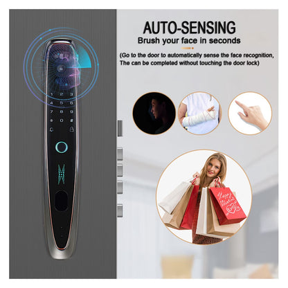 Door Lock, Tuya Smart 3D Face Door Lock Security Face Camera Monitor Intelligent Fingerprint Password Biometric Electronic Key Unlock ,Easy to Install